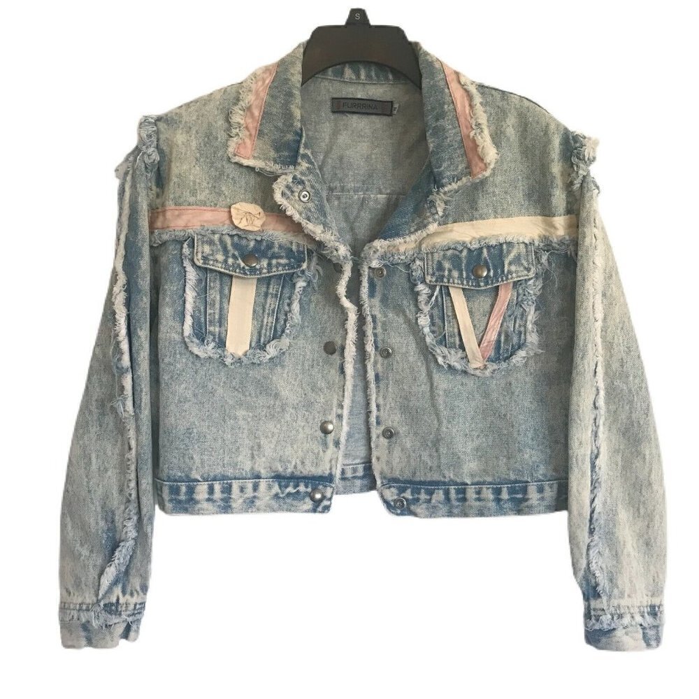Vintage 80s Acid Wash Denim Jean Jacket Medium Cropped Frayed Distressed